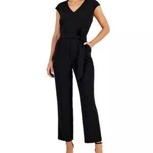 Nine West Black V-Neck Belted Jumpsuit